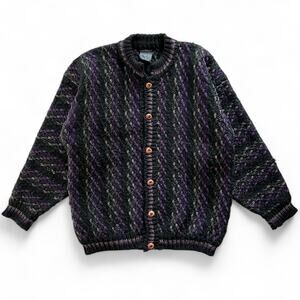 Vintage Chunky Hand Knit Striped Cardigan Sweater Black Purple Grandpa L Preppy